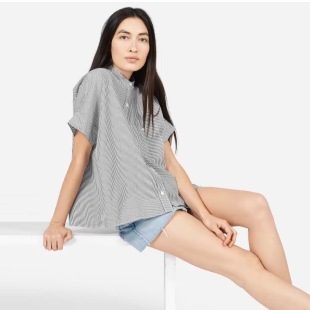 Everlane Collarless Square Button Down Striped Top